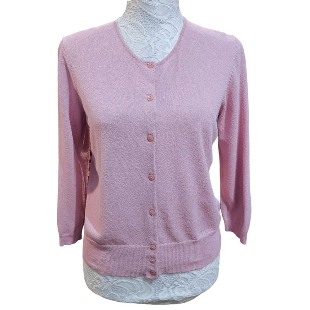 White + Warren Pink Knit Rayon Nylon Button Down Sweater Cardigan Size Large